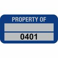 Lustre-Cal PROPERTY OF Label, 5 Alum Dark Blue 1.50in x 0.75in  1 Blank Pad & Serialized 0401-0500, 100PK 253769Ma2Bd0401